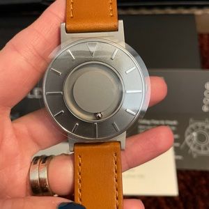 NWT Eone watch silver face w/cognac leather band